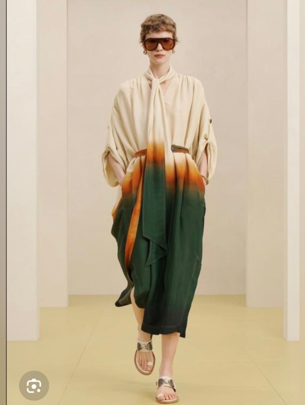 Zara Ombre Tie-Neck Midi Dress in Cream, Orange and Green